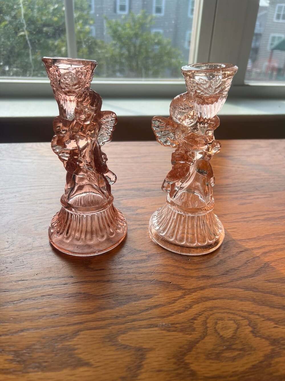 Vintage Pink Glass Cherub Candlestick Holder Pair